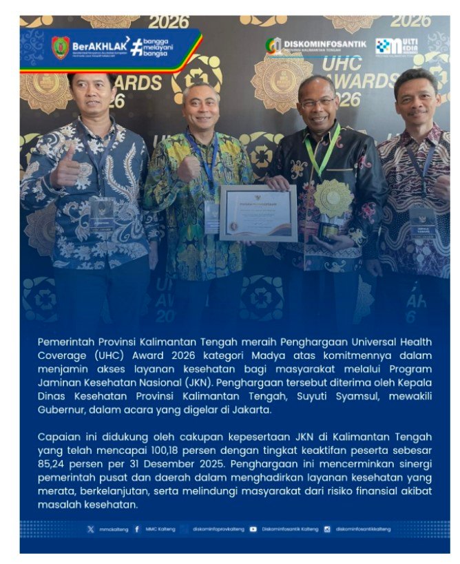 Kalteng Raih Penghargaan Nasional UHC Award 2026